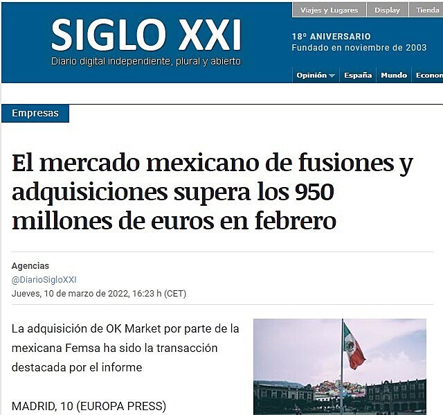 El mercado mexicano de fusiones y adquisiciones supera los 950 millones de euros en febrero